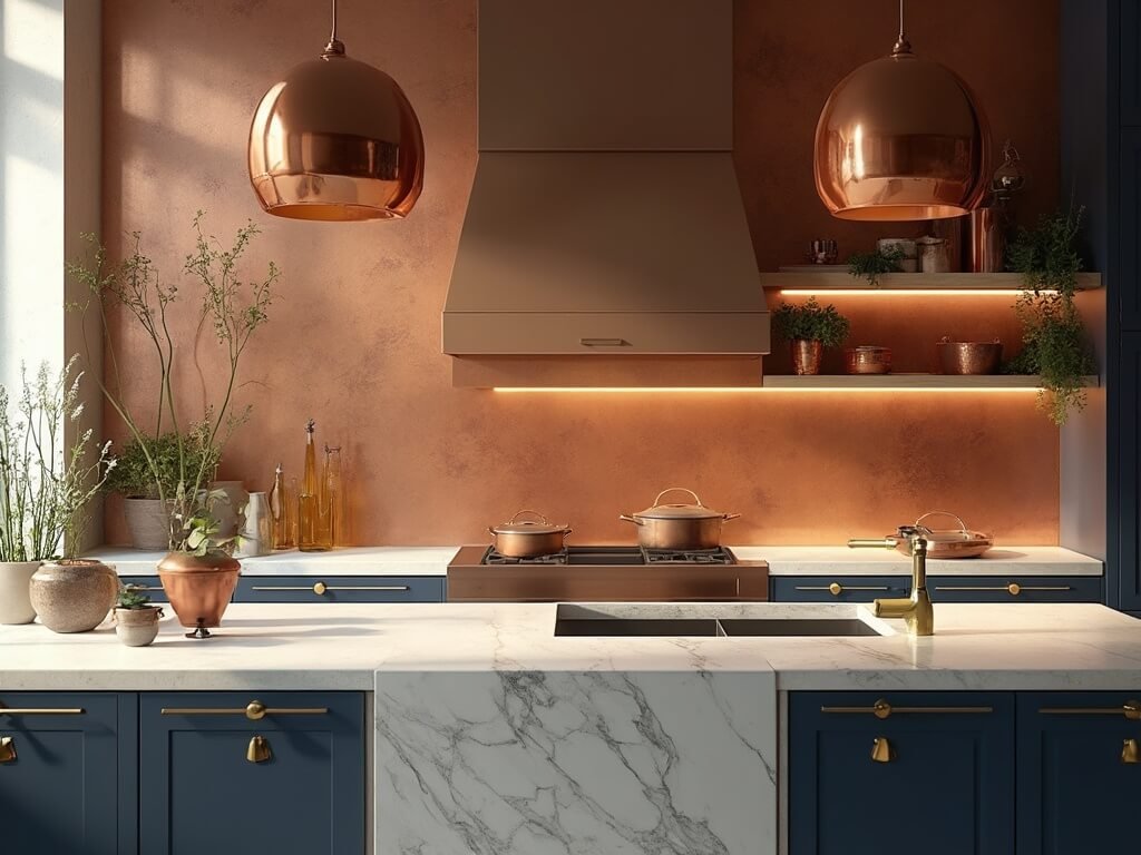 "Modern kitchen with copper backsplash, navy blue cabinets, and white marble island bathed in golden sunlight"