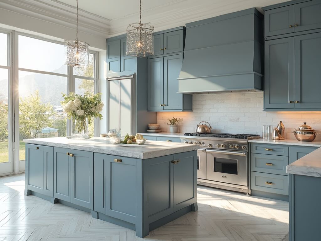 "Transitional luxury kitchen with blue-grey cabinets, white marble island, stainless steel appliances, and natural light through floor-to-ceiling windows"