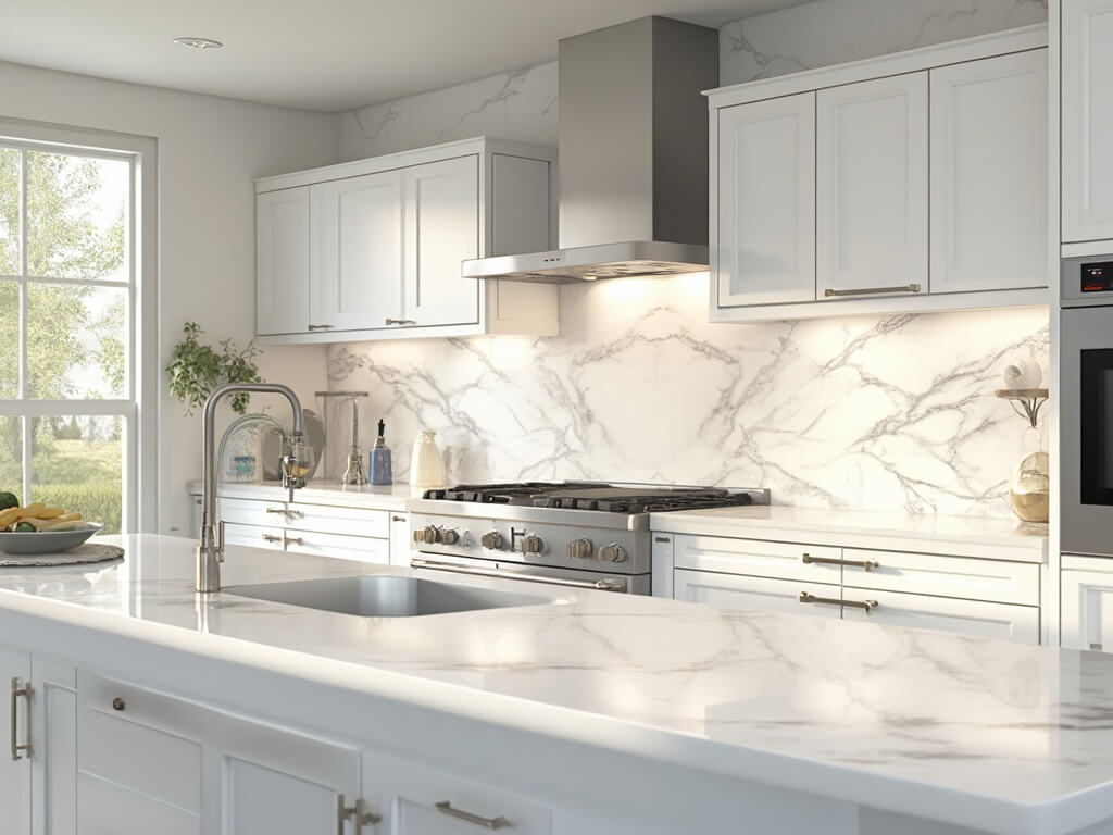 "Sunlit modern white kitchen with Calacatta marble backsplash and quartz island countertop, captured during the morning golden hour"