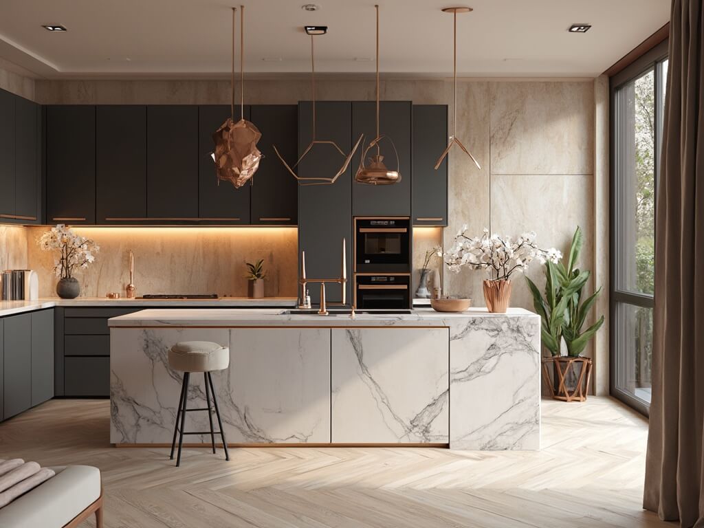 "Luxurious modern kitchen with charcoal cabinets, rose gold hardware and pendant lights, marble waterfall island and white oak herringbone floors"