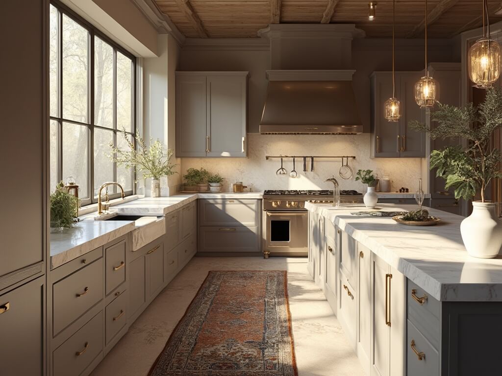 "Modern spacious taupe kitchen with golden sunlight, marble island, Persian runner, and gold hardware"