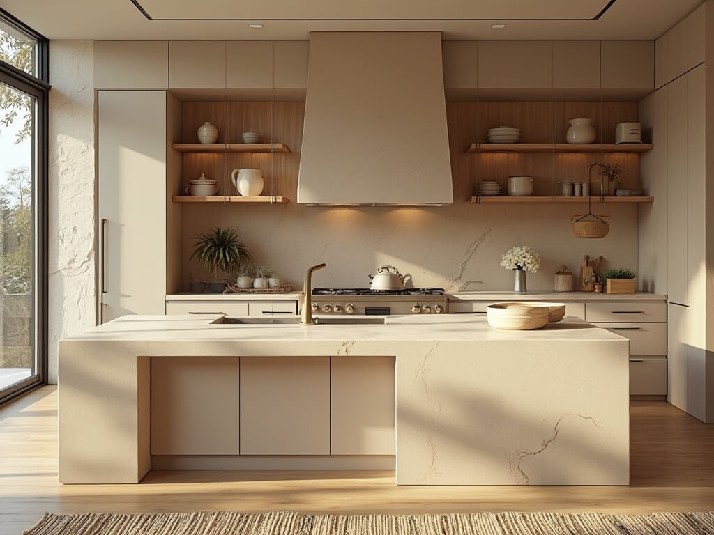 "Luxurious beige kitchen interior design with quartzite waterfall island, shaker cabinets, and morning sunlight through floor-to-ceiling windows"