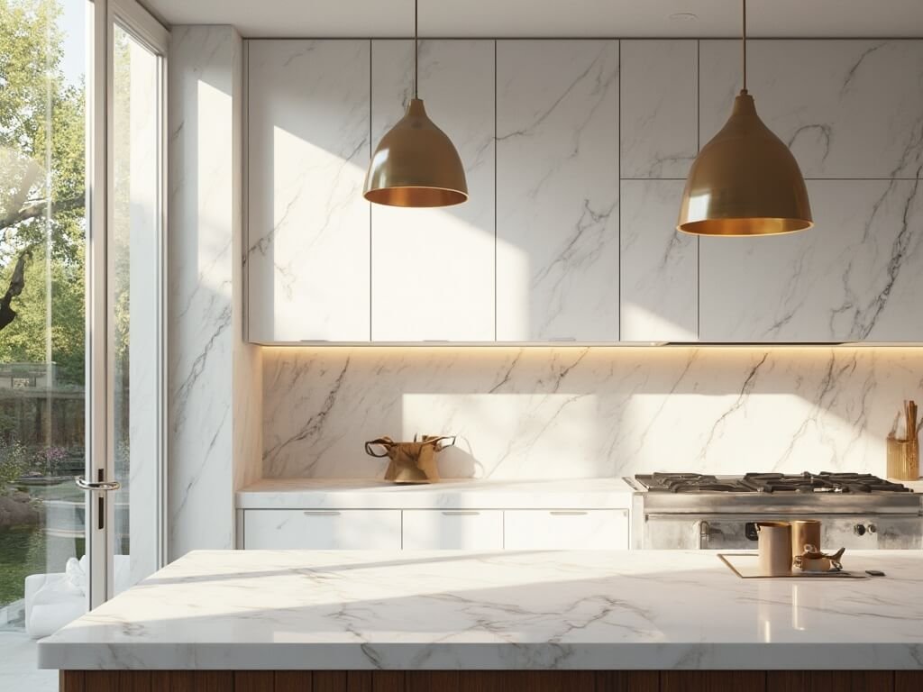 "Sunlit modern kitchen with white Carrara marble backsplash, walnut island and quartzite countertops, shot in 8K resolution"
