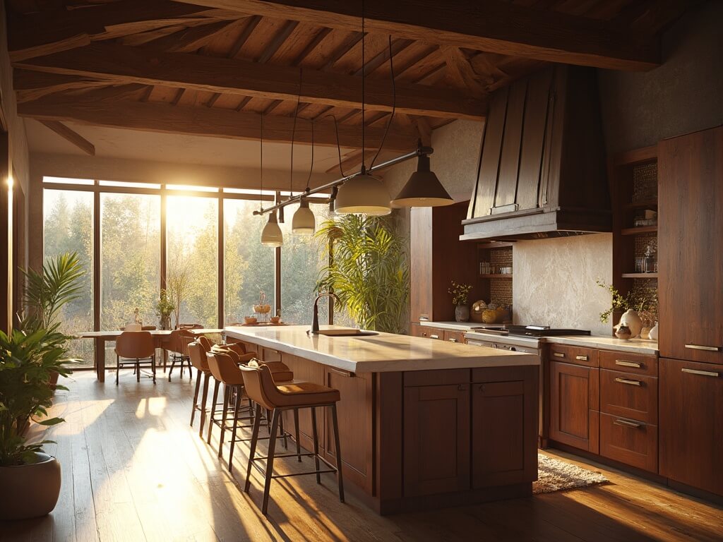 "Luxurious dark oak kitchen with white quartz countertops, brass handles, and leather barstools, bathed in golden hour sunlight"