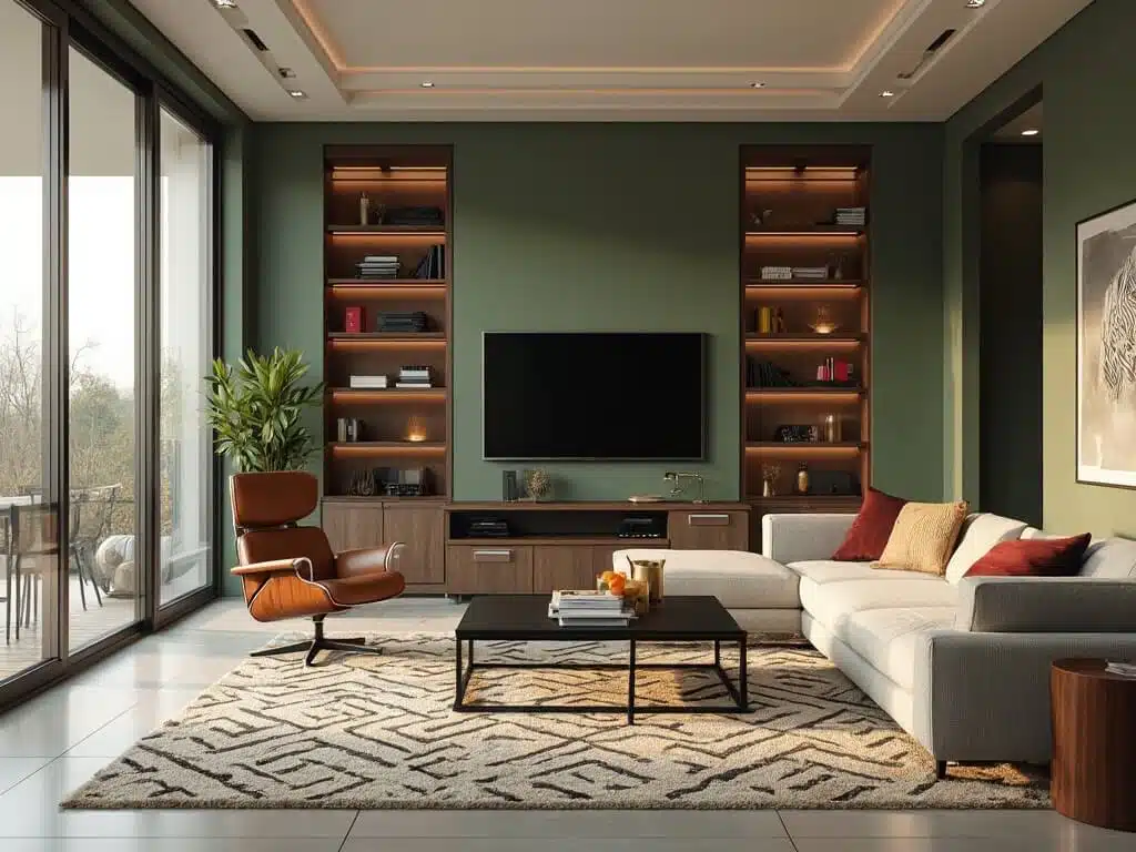 "Modern eclectic 400sqft bonus room with sage green accent wall, cognac Eames chair, grey sectional sofa, brass lighting, art gallery wall, and high-end gaming corner"