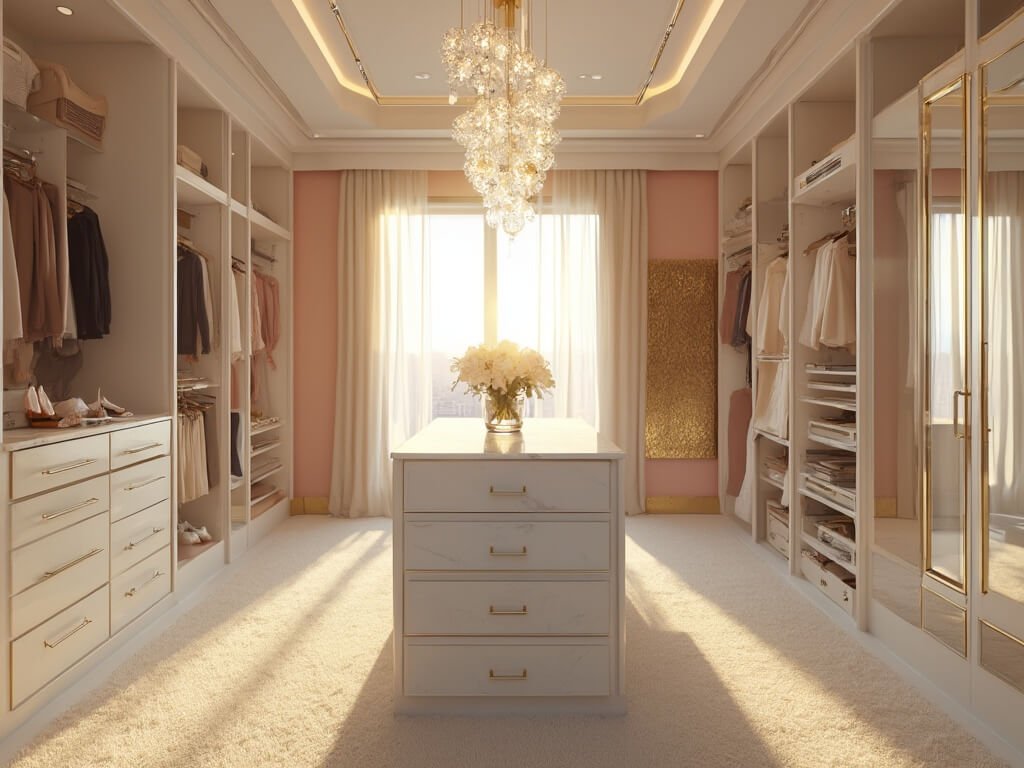 "Luxurious walk-in closet with pearl-white cabinetry, designer clothing, crystal chandelier, Carrara marble-topped island, and golden hour light reflections."