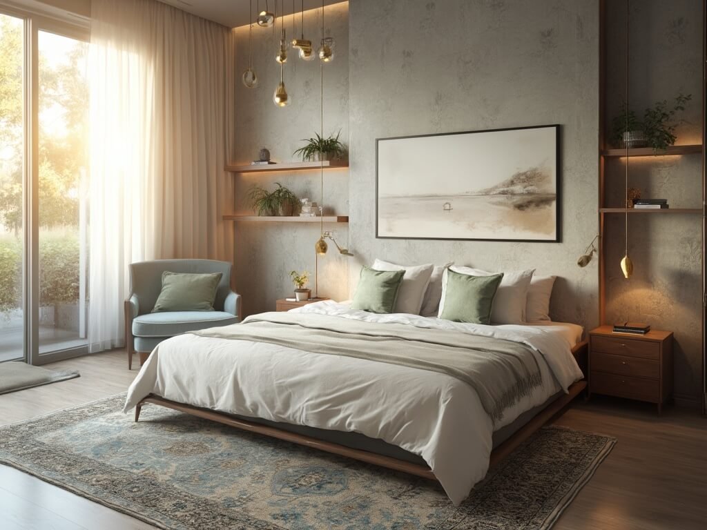 "Luxurious boutique guest room with queen bed, walnut nightstands, brass lamps, blue velvet armchair, and curated decor in soft lighting"