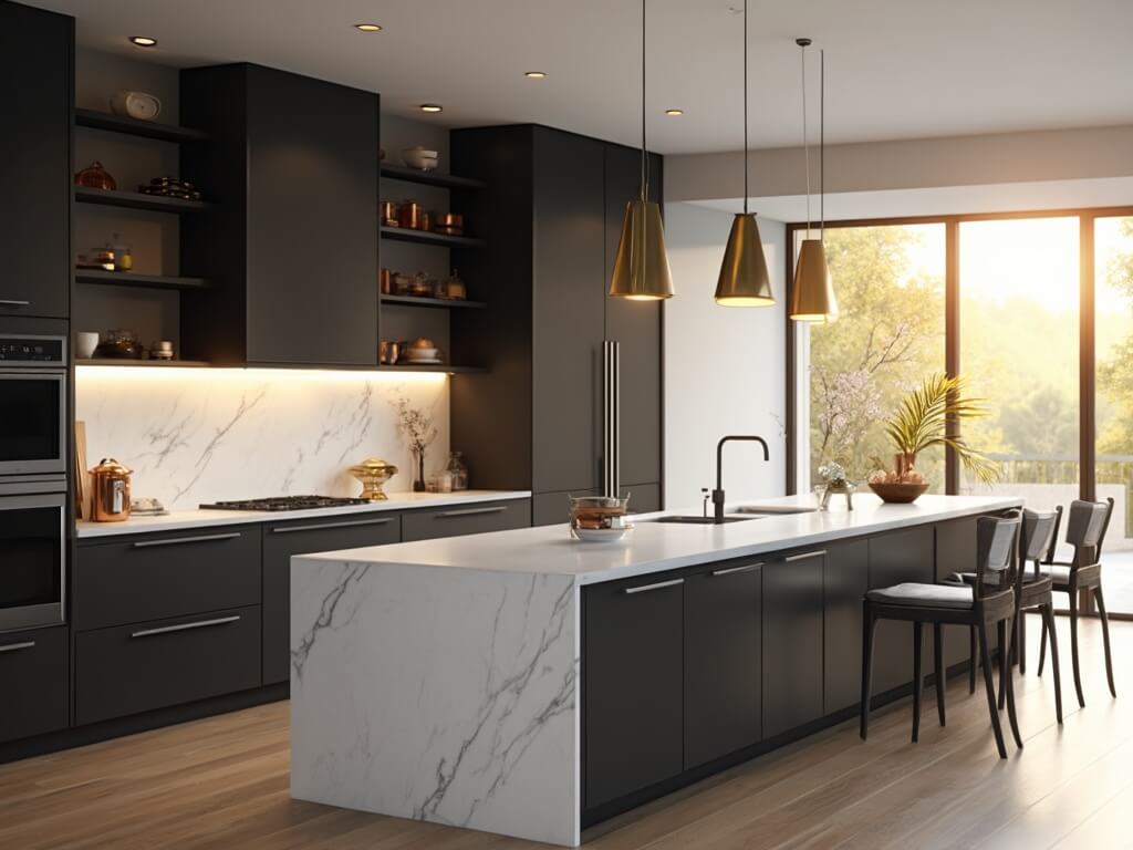 "Luxury modern kitchen with matte charcoal cabinets, white quartz island, and professional-grade stainless steel appliances in early morning sunlight"