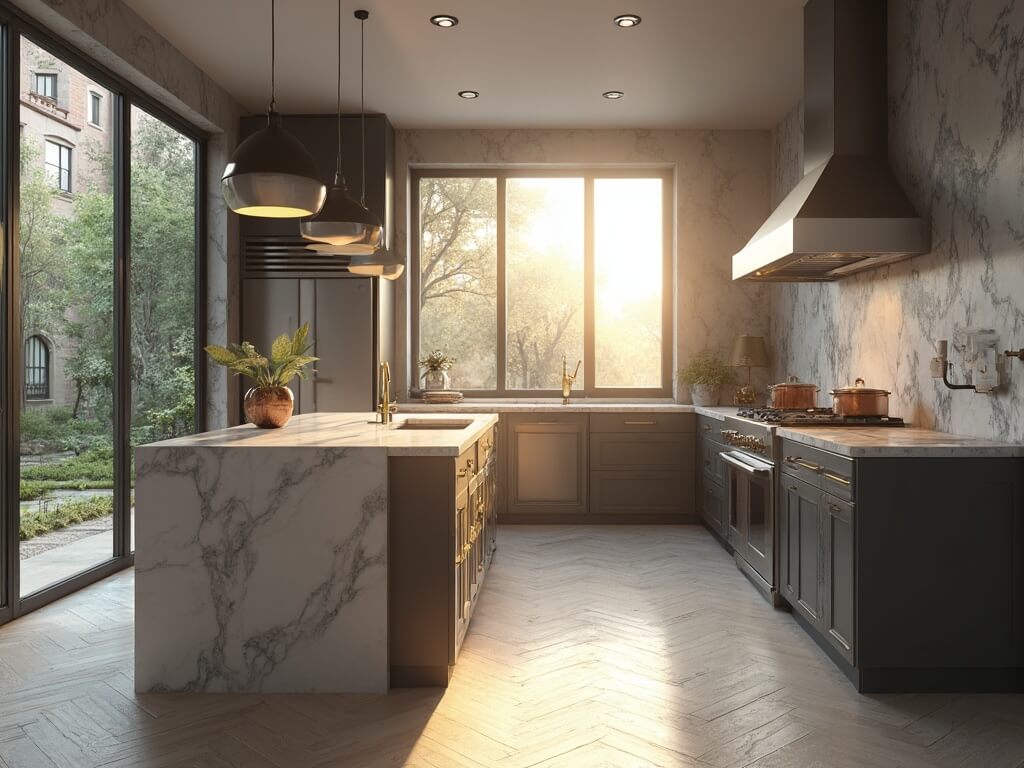 "Luxury charcoal gray kitchen with white marble island, pro-grade appliances, and morning sunlight streaming through large windows"