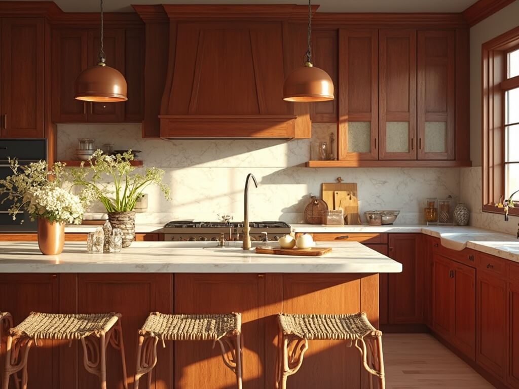 "Luxurious cherry wood kitchen with Carrara marble countertops, bathed in warm golden hour sunlight"