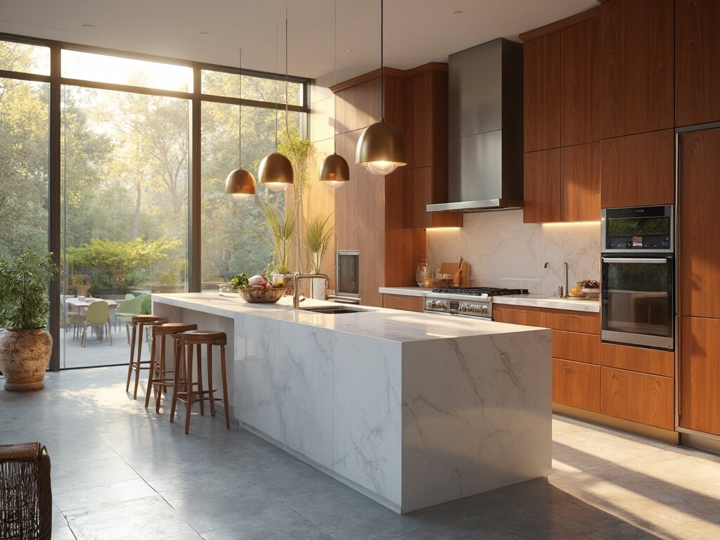 "Sunlit modern kitchen with cherry wood cabinets, waterfall quartz island, brass pendant lights, and high-end stainless appliances"