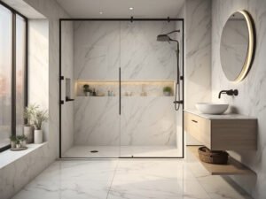 "Luxurious small bathroom with marble flooring, walk-in shower, matte black fixtures, and bleached oak vanity during golden hour"