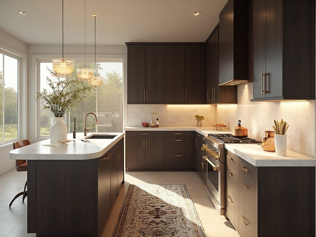 "Sunlit modern kitchen with espresso shaker cabinets, white quartz countertops, marble island, gold details and vintage Persian runner"
