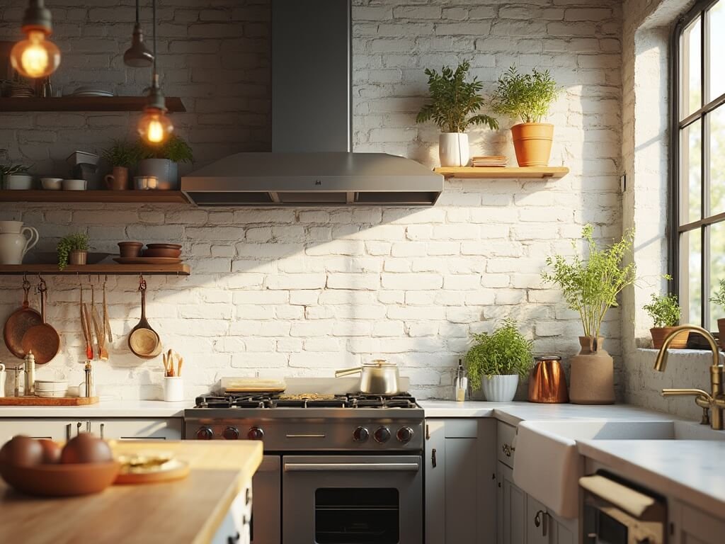 "Modern farmhouse kitchen with whitewashed brick backsplash, copper and brass cookware, butcher block island, and professional-grade appliances in golden hour lighting"