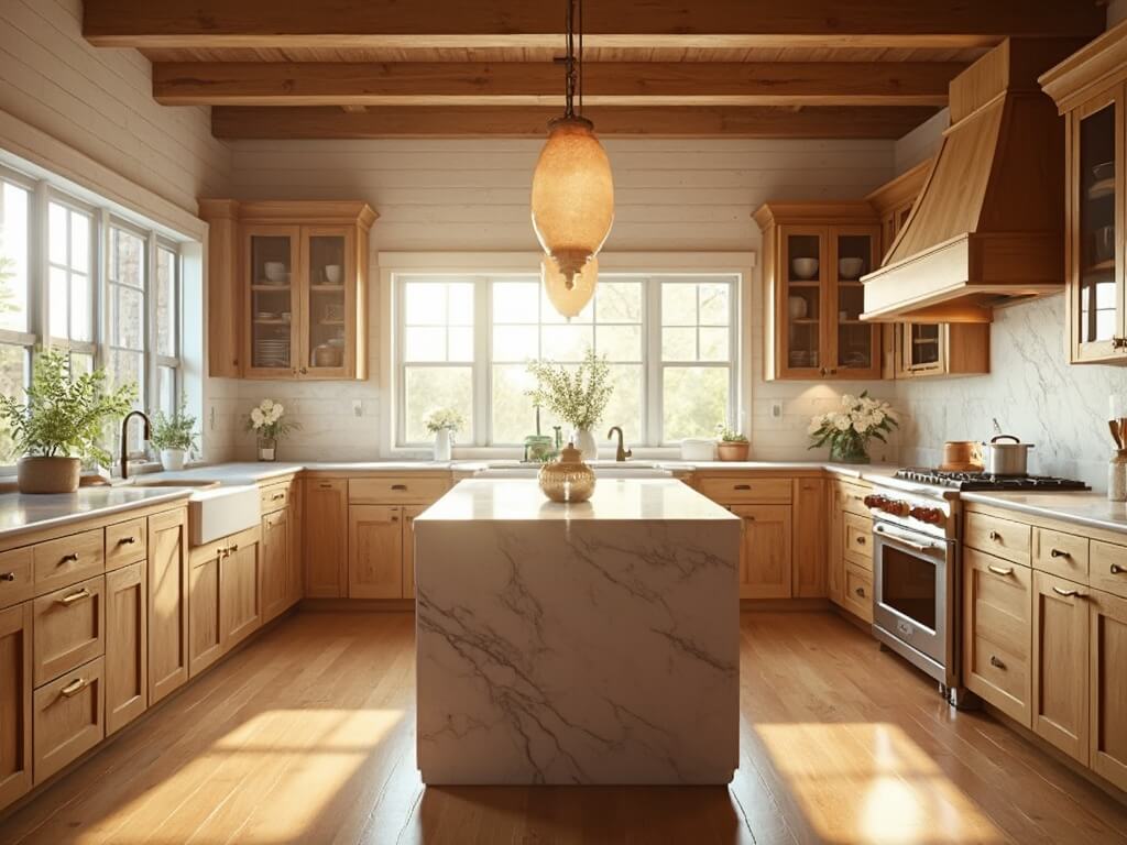 "Sunlit modern farmhouse kitchen with honey oak cabinets, marble island, and professional stainless steel appliances"