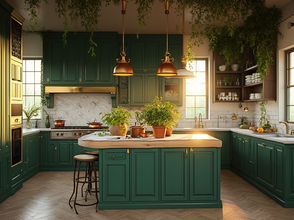 "Luxurious dark green kitchen in golden hour light with marble countertops, brass accents and greenery"