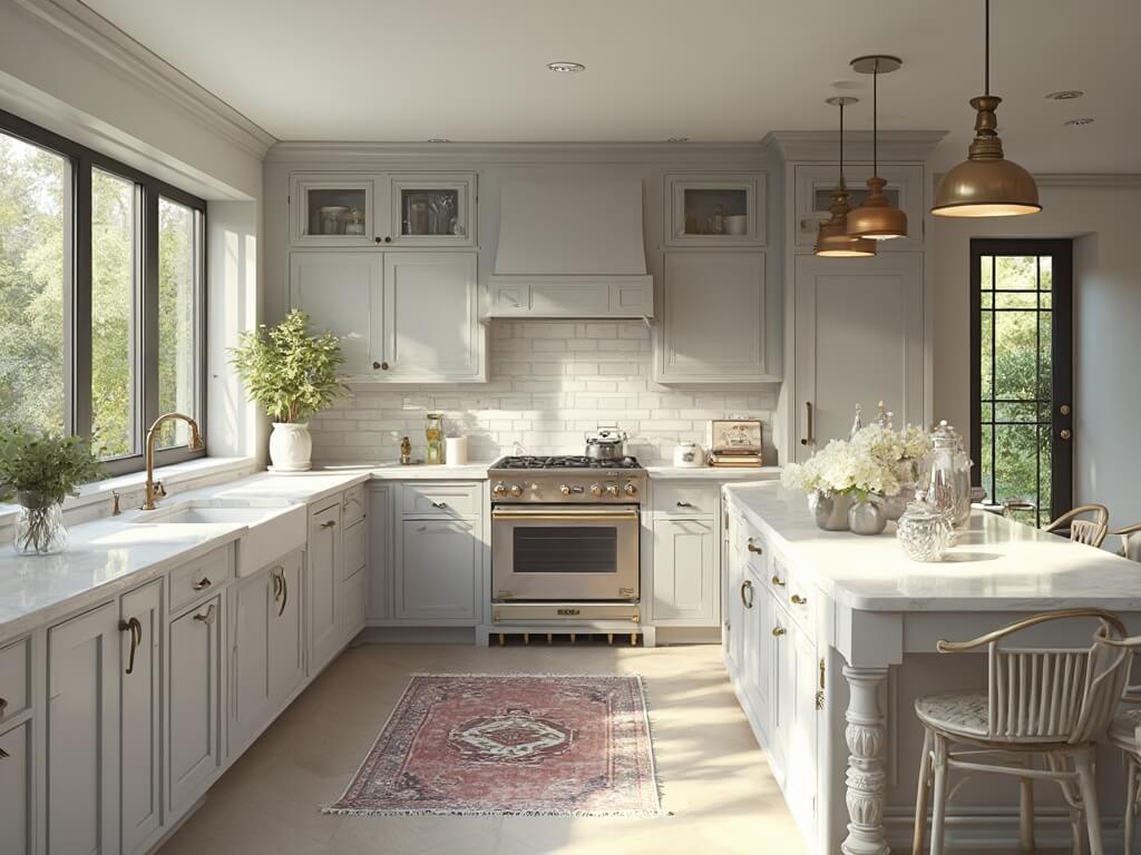 "Luxurious light grey kitchen with Carrara marble island, shaker cabinets, and morning sunlight streaming through black steel-framed windows"
