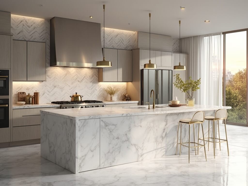 "Modern luxury kitchen with marble herringbone backsplash, quartz island, stainless steel appliances, and brass pendant lights in morning sunlight"