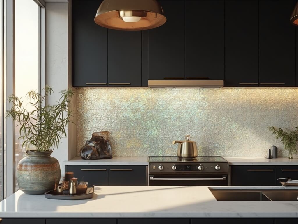 "Luxurious modern kitchen with iridescent glass tile backsplash, black cabinets, white quartz countertops, large marble island, and morning sunlight casting shadows, with cityscape reflection in the background."