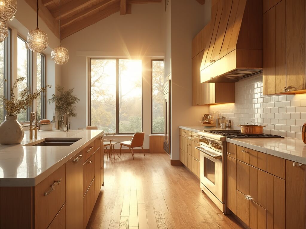 "Luxury kitchen with maple cabinets, quartzite countertops, and professional-grade appliances during golden hour"