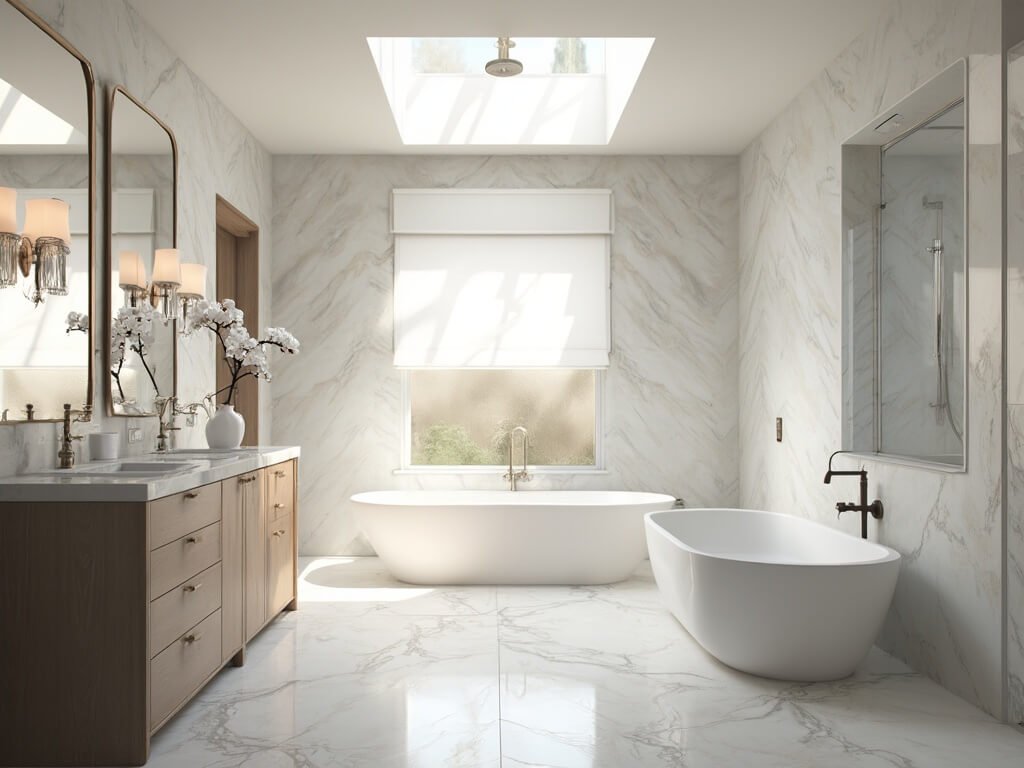 "Luxurious transitional bathroom with white soaking tub, herringbone Carrara marble floors, and greyed oak double vanity under morning sunbeams."