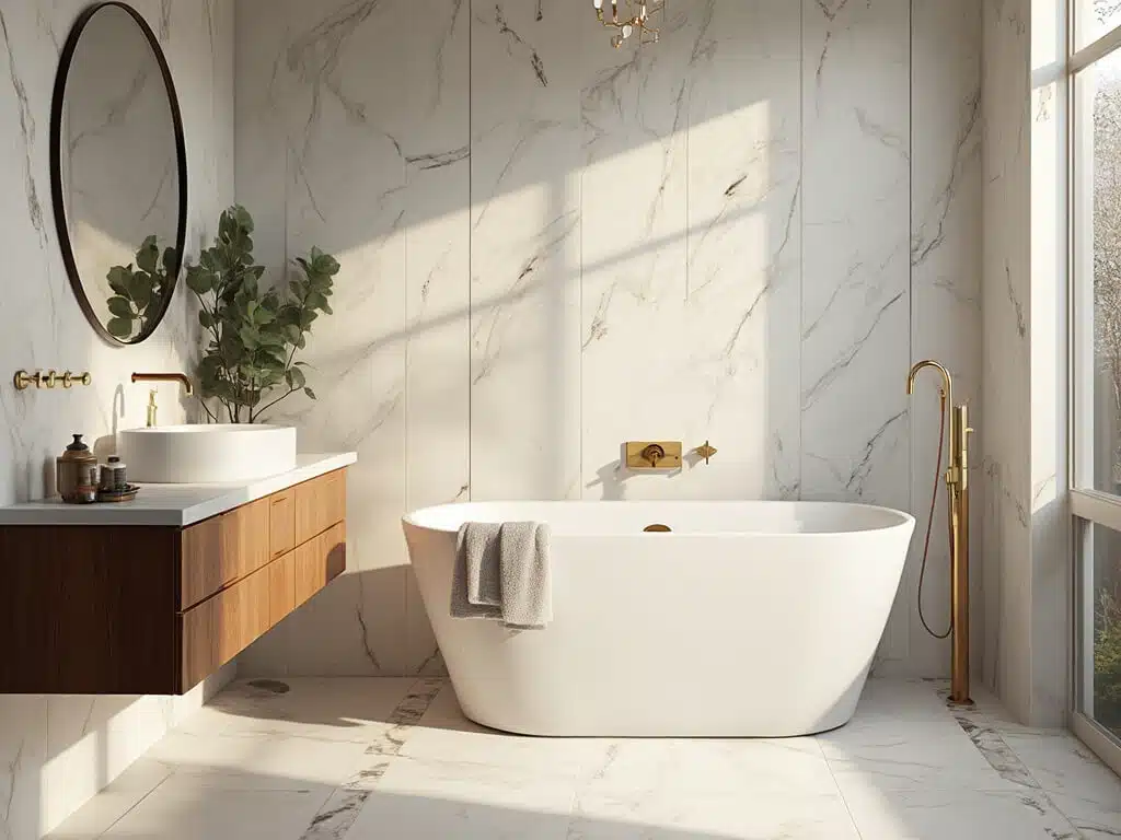"Luxurious small bathroom with Carrara marble tiles, brass fixtures, white freestanding tub, and walnut vanity"