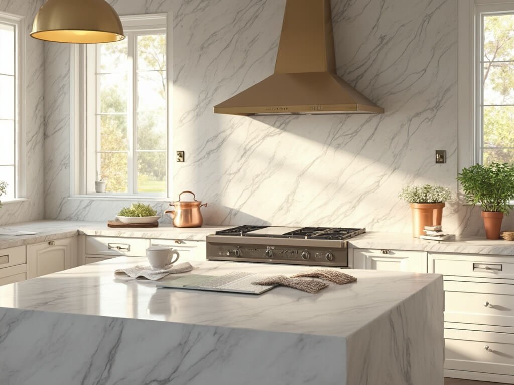 "Sunlit modern kitchen with floor-to-ceiling marble backsplash, white shaker cabinets, and waterfall island showcasing various tile options"