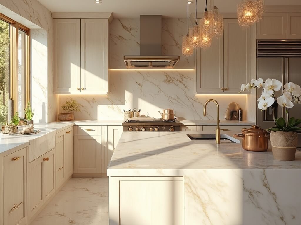 "Luxury marble kitchen bathed in golden sunlight with white oak cabinetry, polished brass fixtures, crystal pendant lights, stainless steel appliances, and marble island, styled with white orchids and copper cookware"
