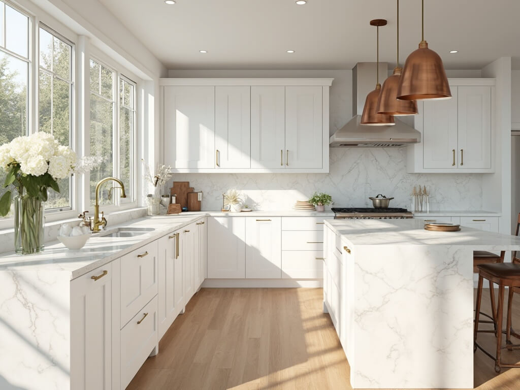 "Sunlit modern kitchen with white Shaker-style cabinets, Carrara marble island, stainless steel appliances, and wide-plank oak flooring"