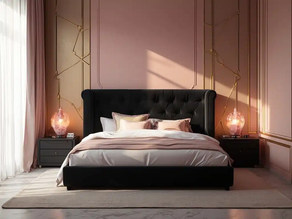 "Luxurious bedroom with velvet black bed, pink accent wall with gold decals, black nightstands with pink marble lamps, and layered bedding under warm golden hour light"
