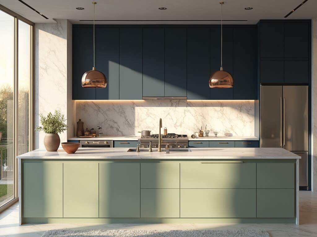 "Luxurious contemporary kitchen with sage green and navy blue cabinets, white quartz island, brushed brass fixtures, and natural light filtering through floor-to-ceiling windows"