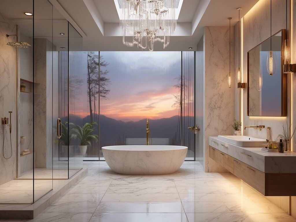 "Luxurious master bathroom with Carrara marble tub, frameless glass shower, floating vanity, backlit mirror, and atmospheric dusk lighting"