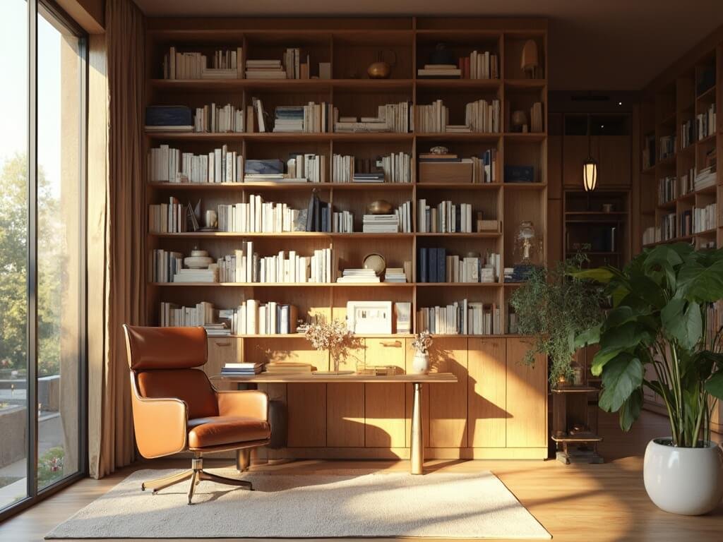 "Luxurious home library with floor-to-ceiling bookshelves, mid-century modern furniture and sunlit ambiance, shot in high-resolution architectural photography style"