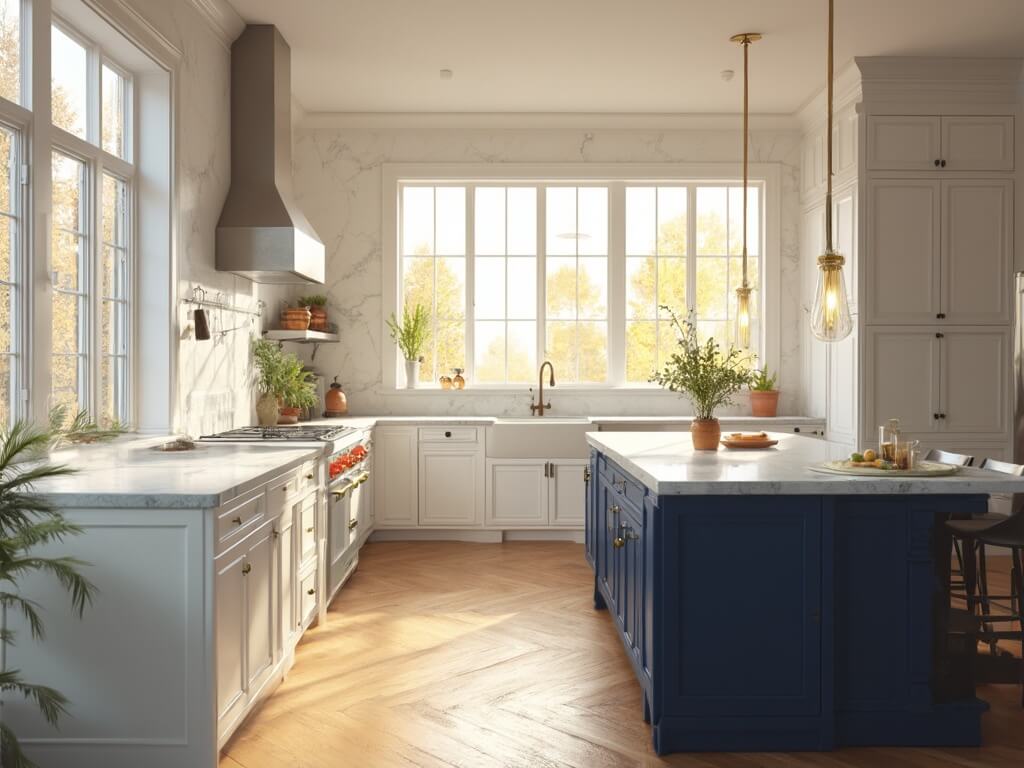 "Luxurious transitional kitchen bathed in morning light with white custom cabinets, Carrara marble countertops, navy blue island, and oak herringbone flooring"