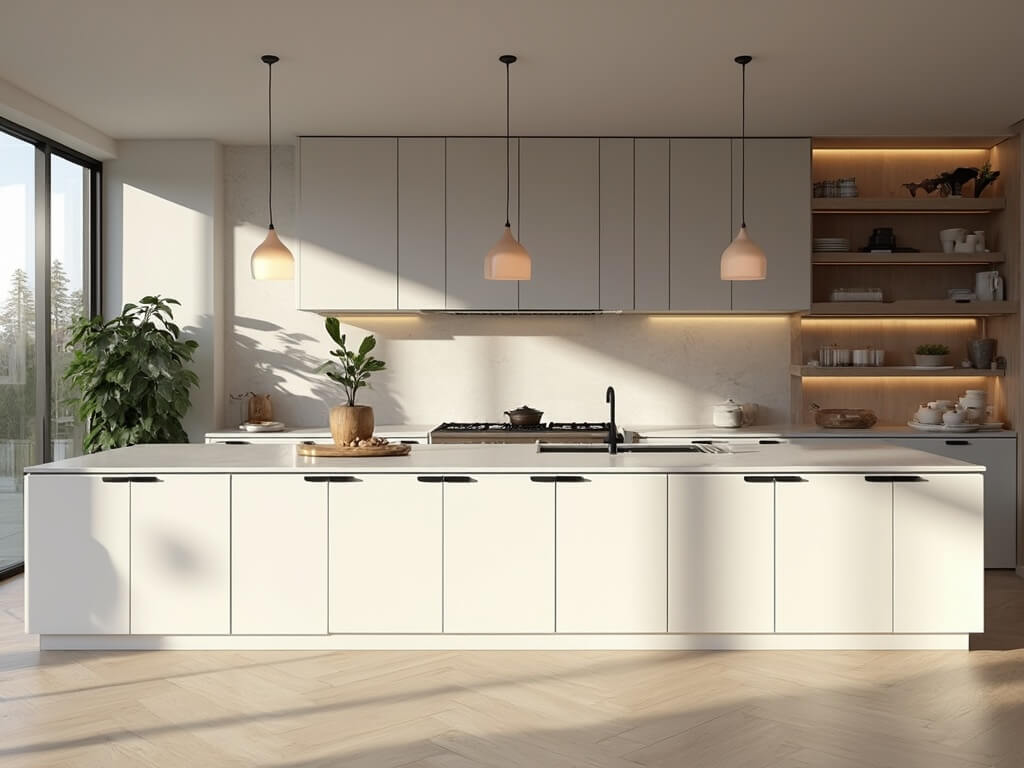 "Modern minimalist kitchen with white shaker cabinets, quartz island countertop, stainless steel appliances, floor-to-ceiling windows, and artisanal ceramics on open shelving"