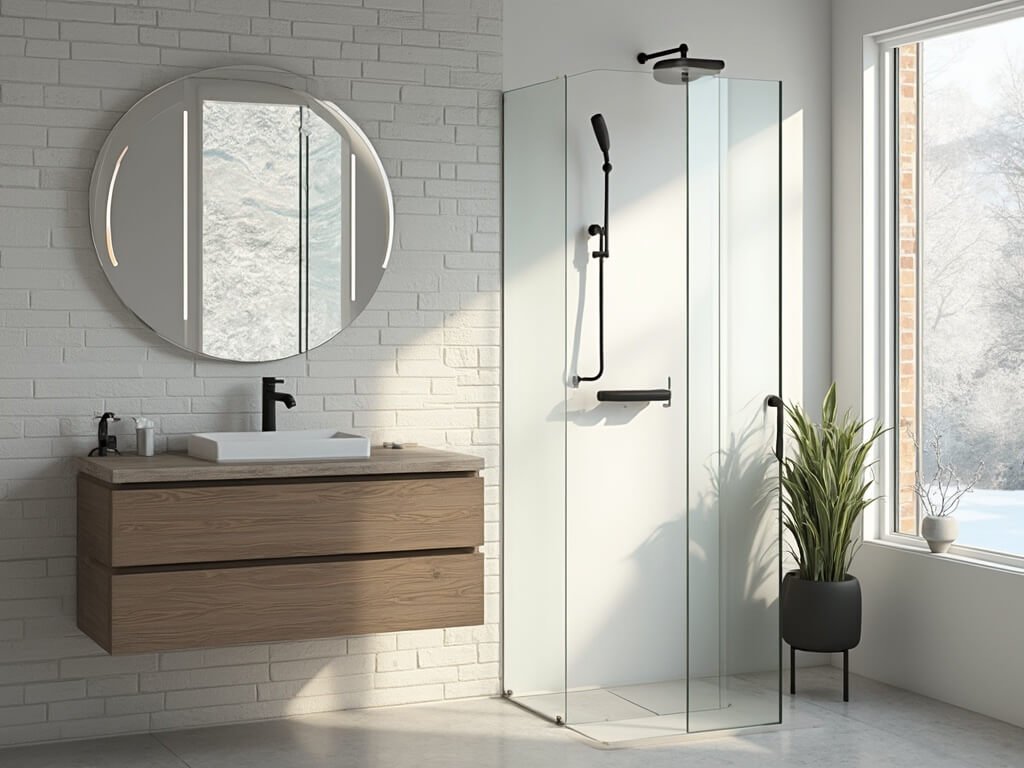 "Scandinavian minimalist small bathroom with morning sunlight, featuring a glass shower, wall-mounted oak vanity, and monstera plant"