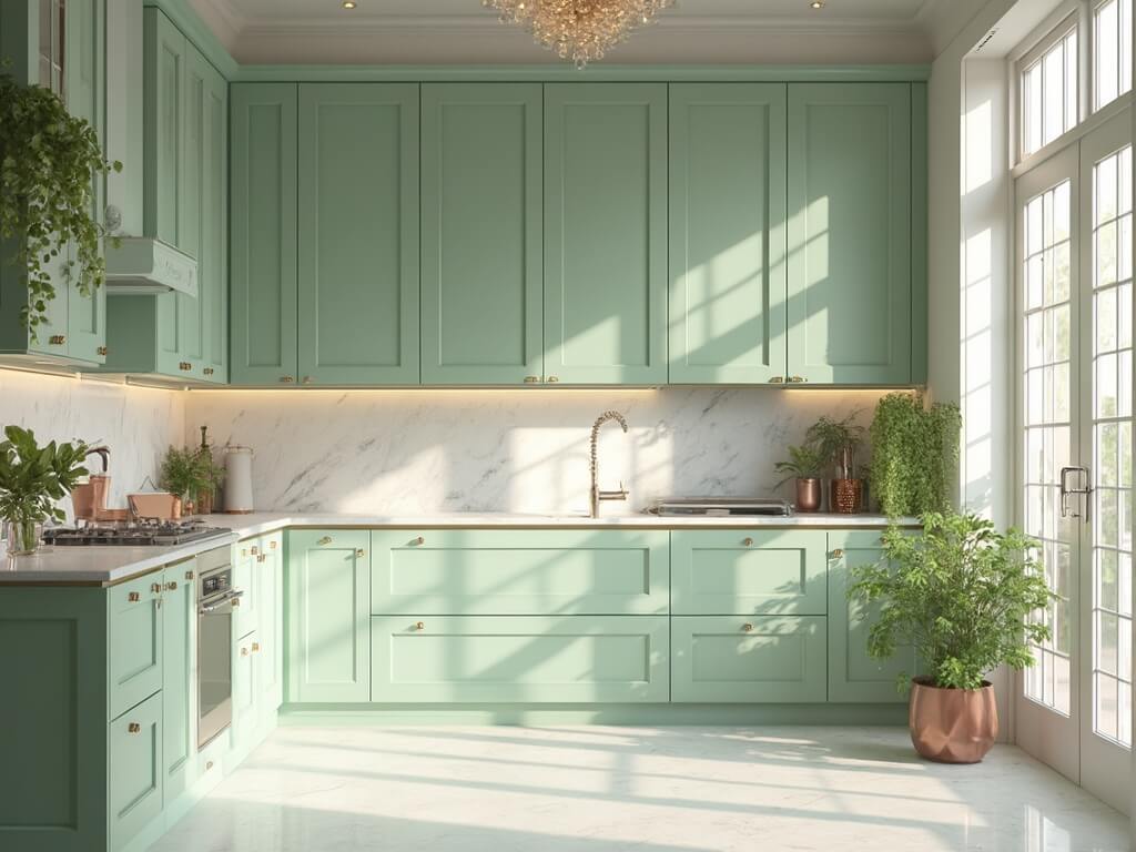 "Mint green luxury kitchen with Carrara marble countertops, brass hardware, white oak floors and minimalist design during golden hour"