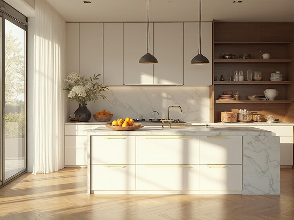 "Sunlit modern alabaster kitchen with brass accents, marble island, walnut shelves, and a glass wine wall, styled with fresh fruits and flowers."
