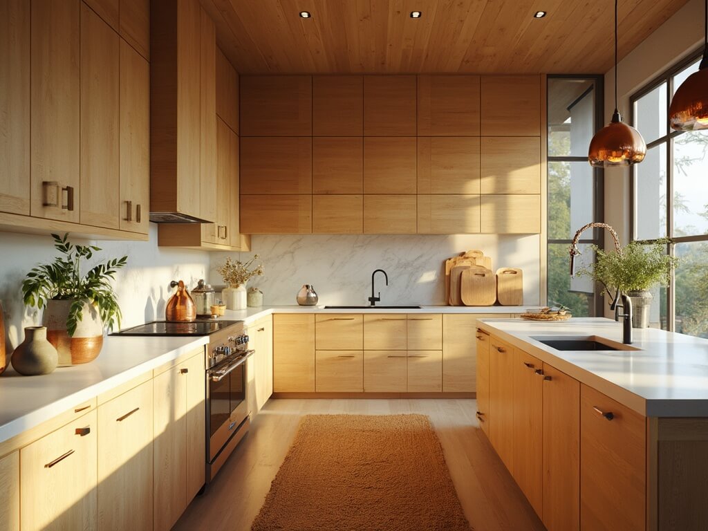"Sunlit modern kitchen with honey-toned alder wood cabinets, waterfall quartz island, and copper pendant lights during golden hour"