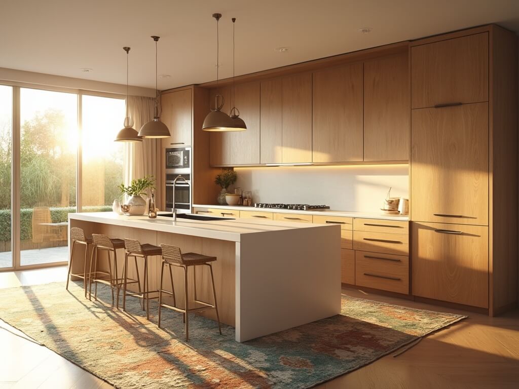 "Modern birch kitchen with warm golden sunlight, brushed nickel pendant lights, and styled with artisanal ceramics and fresh herbs"