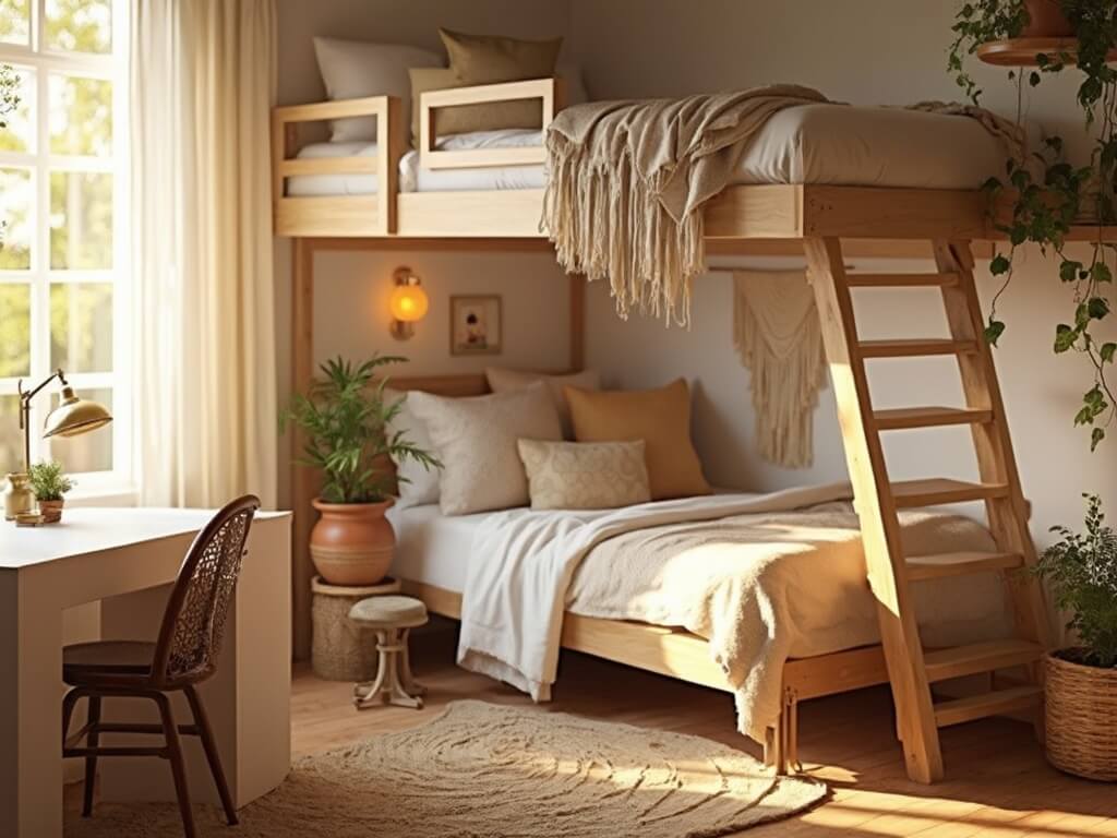 "Modern boho-style dorm room bathed in golden hour sunlight with minimalist furniture and earth tone textiles"