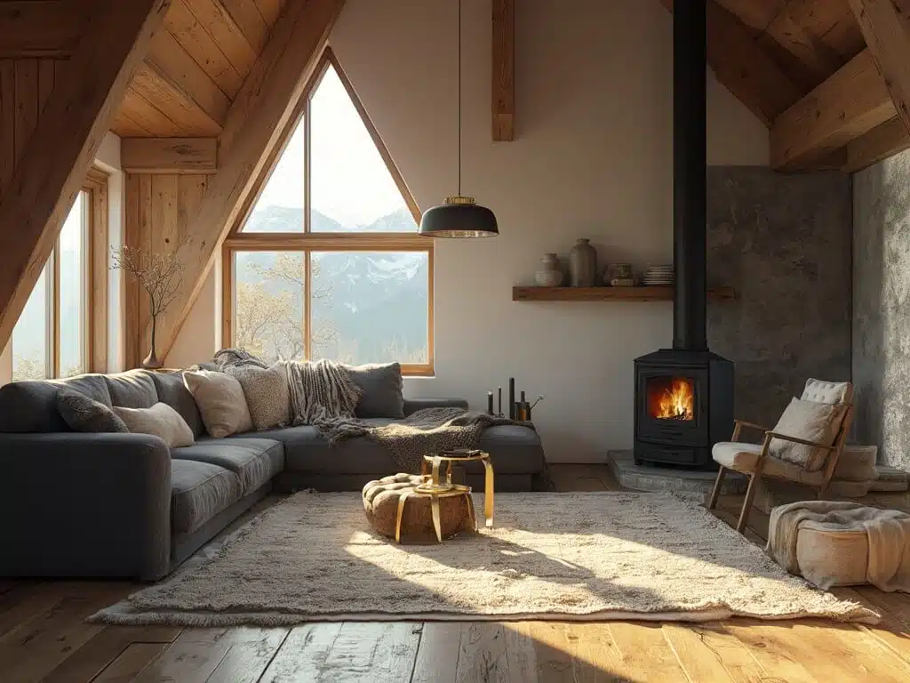 "Sunlit modern A-frame cabin interior with charcoal linen sofa, matte black wood-burning stove, wooden beams, vintage rugs, minimalist decor, and mountain vista through windows"