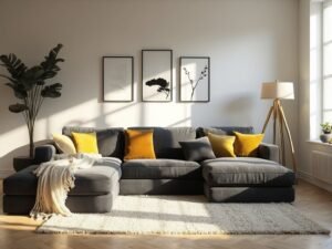 "Modern living room with charcoal gray sofa, mustard yellow and cream pillows, white oak herringbone floors, Moroccan shag rug, brass floor lamp, and fiddle leaf fig against black and white gallery wall"
