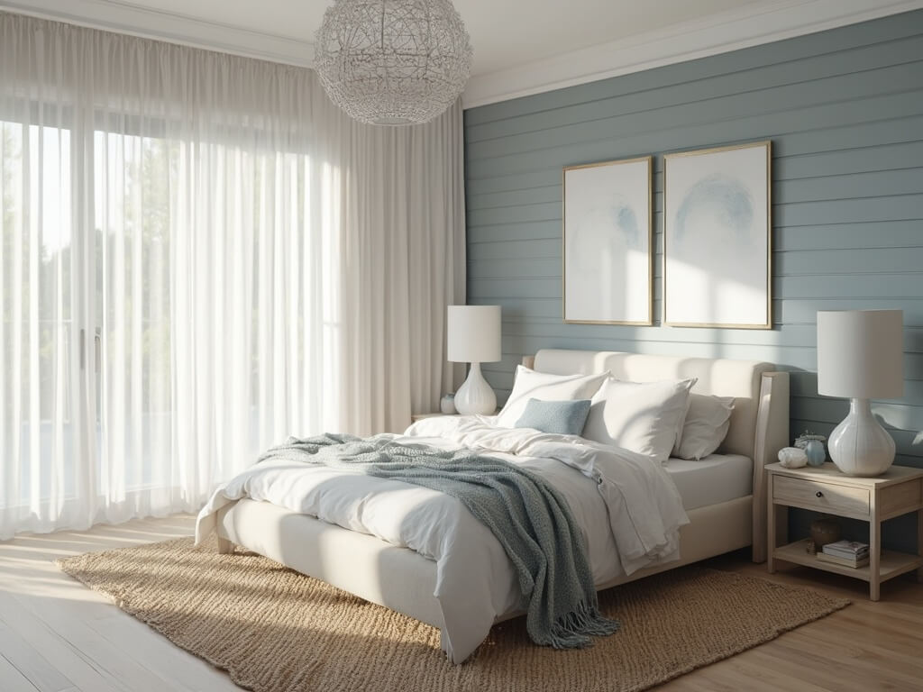 "Modern coastal bedroom with sun-drenched morning light, gray-blue shiplap walls, white linen-draped queen bed, weathered oak nightstands, and minimal coastal artwork"