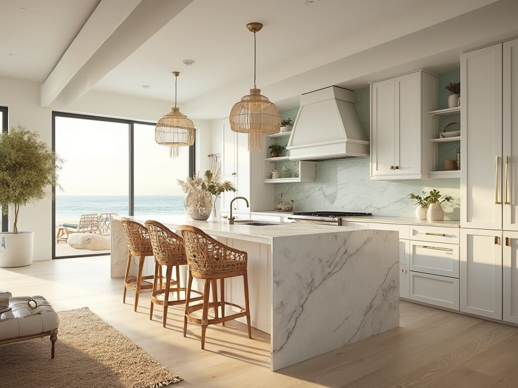 "Modern coastal kitchen design with white shaker cabinets, quartzite island, and natural light streaming through floor-to-ceiling windows"