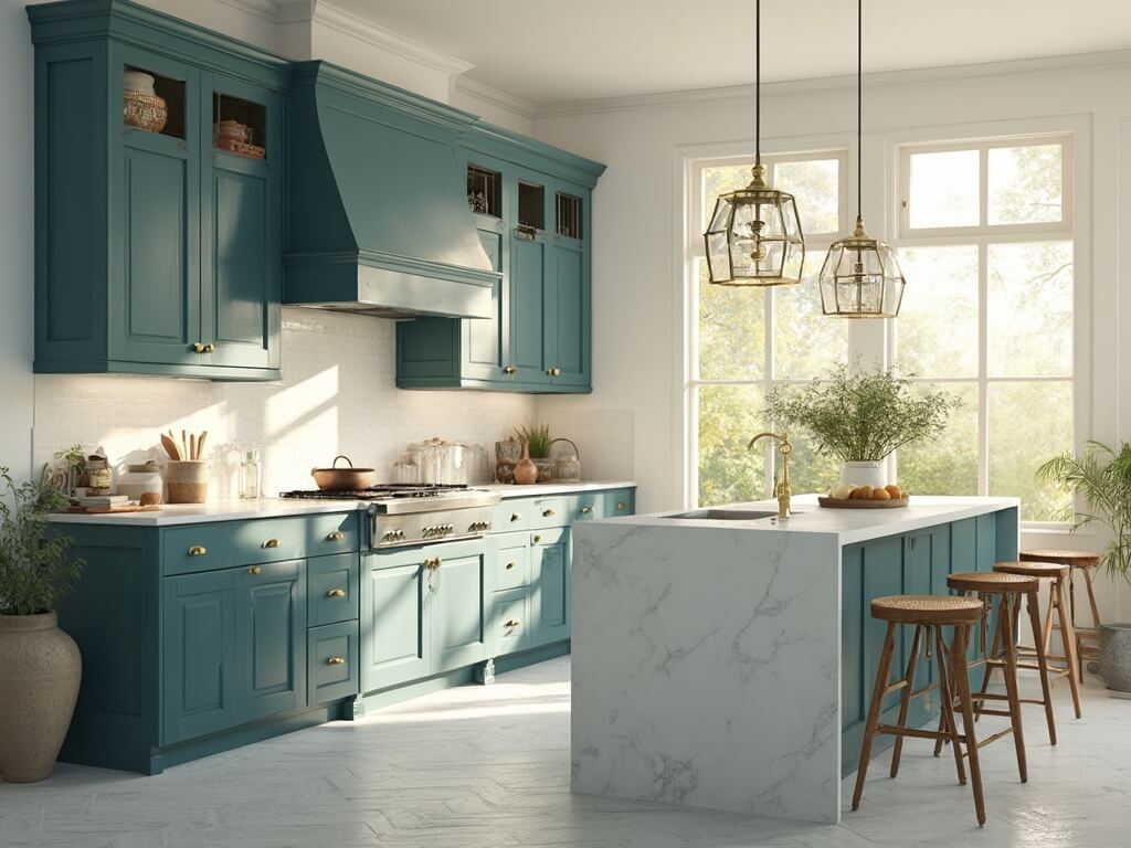 "Modern coastal kitchen interior with teal-blue cabinets, Carrara marble island, and morning sunlight highlighting oak herringbone floors and artisanal ceramics"