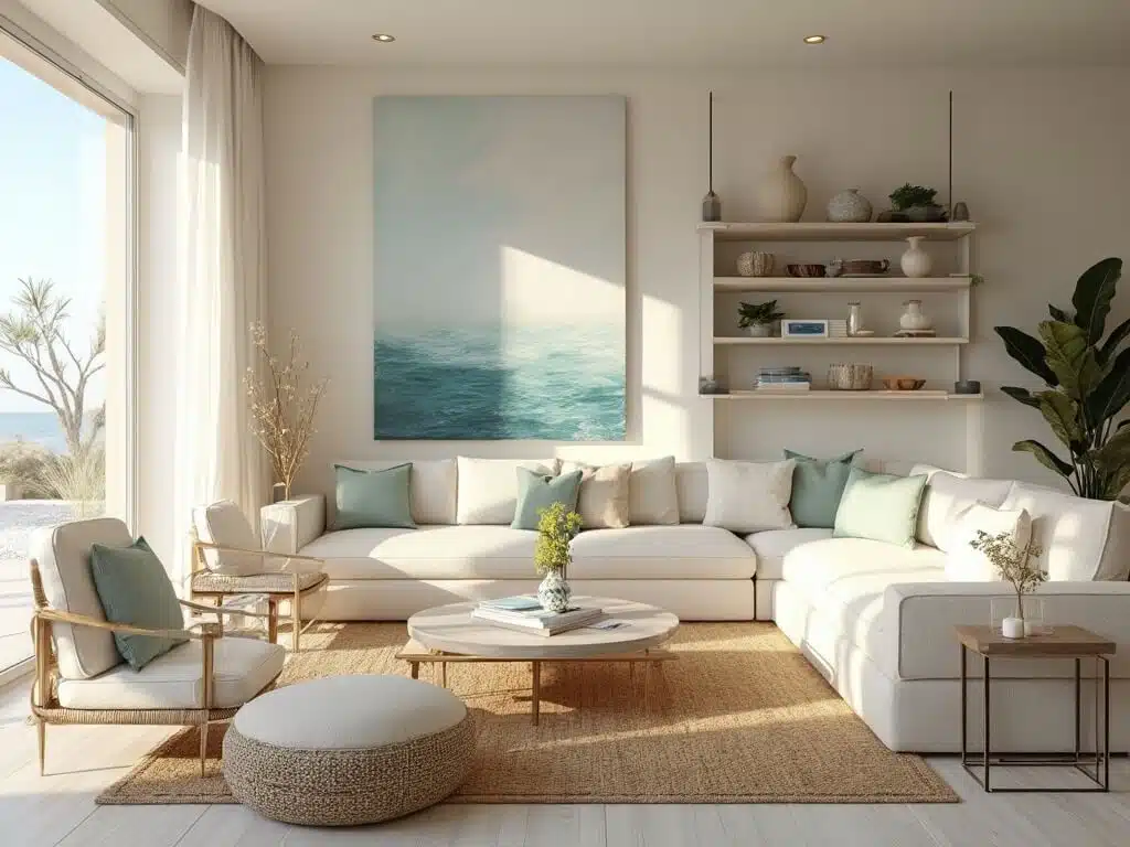 "Modern coastal living room with ocean-inspired elements, plush ivory linen sectional sofa, minimalist driftwood coffee table, rattan accent chairs, and large-scale abstract seascape artwork."