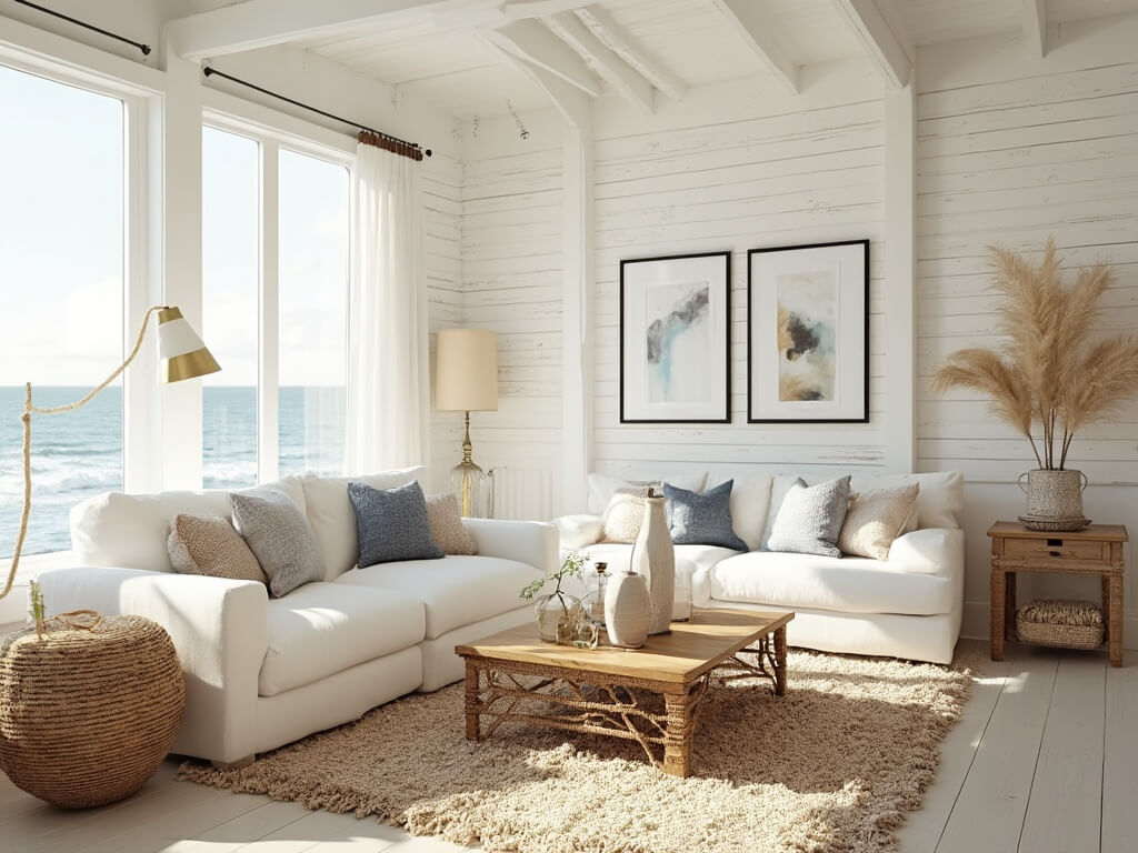 "Spacious modern coastal living room with white furniture, rattan coffee table, weathered oak side tables, and minimalist coastal artwork, bathed in natural morning light"