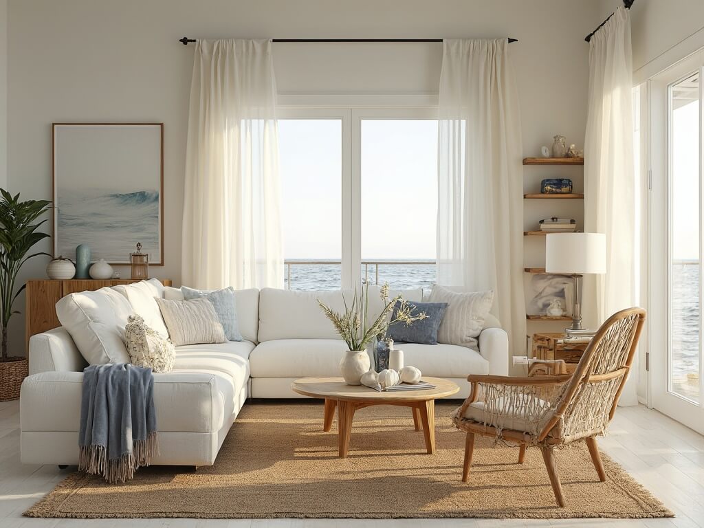 "Modern coastal living room with natural light, white linen sofa, wooden coffee table, rattan chairs, and coastal artwork"