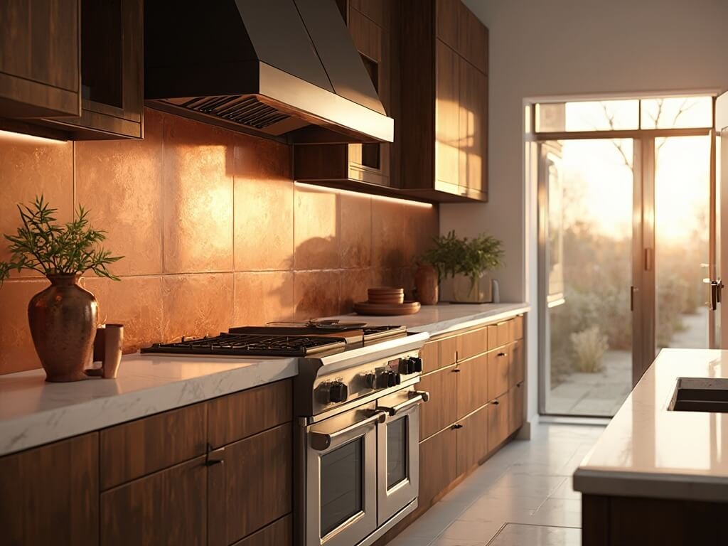 "Luxurious modern kitchen with polished copper backsplash panels and sunlight streaming through floor-to-ceiling windows"